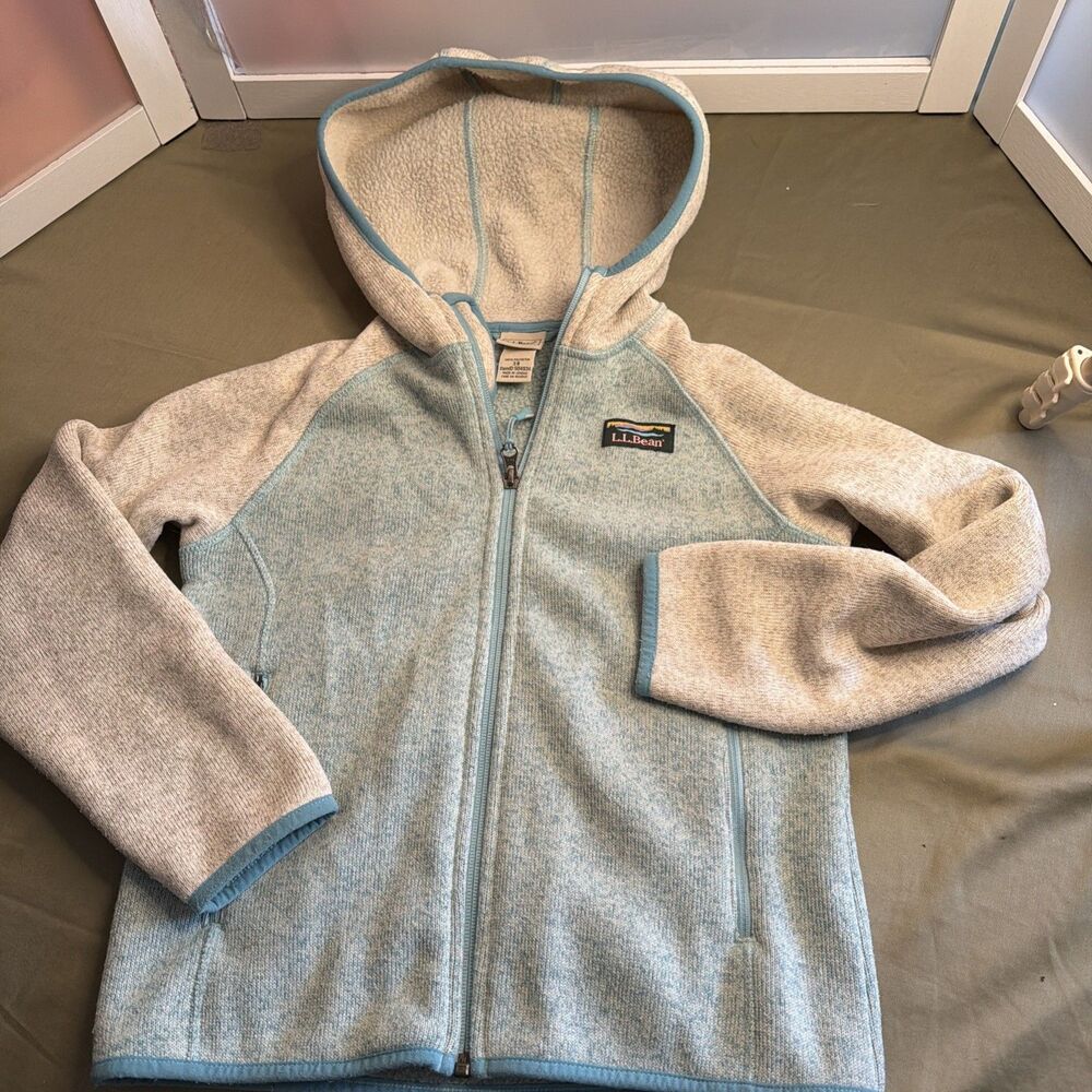 L.L.Bean Kids' Hooded Sweater Fleece Colorblock Mint/Oatmeal Sz 8
